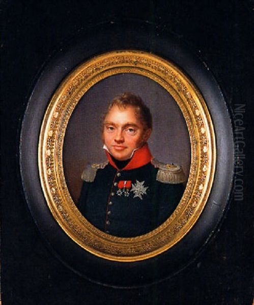 Portrait Of Charles Ferdinand, The Duke Of Berry In Dark Green Jacket With Red Collar And Piping Oil Painting by Jacques-Jean- Baptiste Augustin