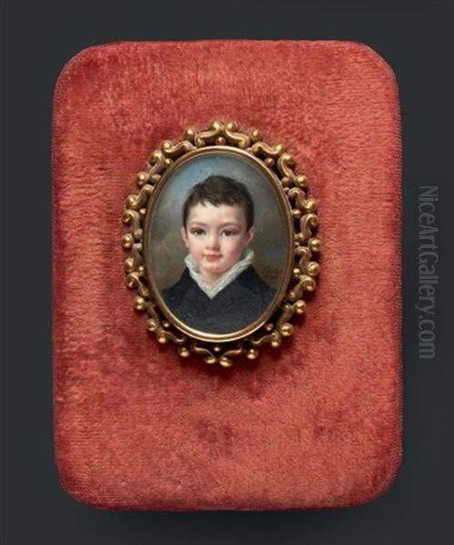 Portrait D'un Jeune Garconnet En Redingote Grise A Col De Velours, Chemise De Voile Blanc Et Coiffe De Fines Meches Oil Painting by Pauline Augustin