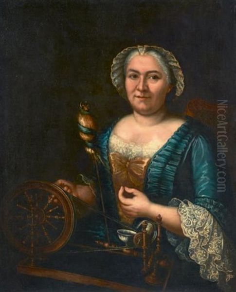 Portrait Presume De Madame Arlon Filant De La Soie Oil Painting by Jacques-Andre-Joseph Aved