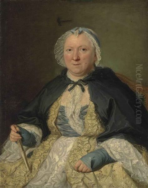 Portrait Of Madame Antoine Crozat, Marquise Du Chatel, Nee Marguerite Le Gendre D'armeny (1670-1742), Half-length, Seated, In A Lace Trimmed Yellow And White Dress And A Bonnet, A Fan In Her Right Hand Oil Painting by Jacques-Andre-Joseph Aved