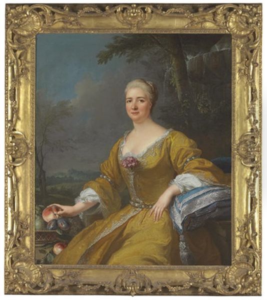 Portrait Of The Duchess Of Luxembourg In An Embroidered Yellow Dress, Before A Fountain Oil Painting by Jacques-Andre-Joseph Aved