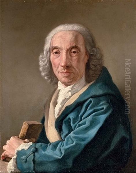 Portrait Of A Gentleman (etienne Reynaud ?), In A Blue Coat Holding A Book Oil Painting by Jacques-Andre-Joseph Aved