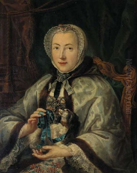 Portrait Of A Lady In A Fur-trimmed Gown, Seated, With A Dog On Her Lap (madame Geoffin?) Oil Painting by Jacques-Andre-Joseph Aved