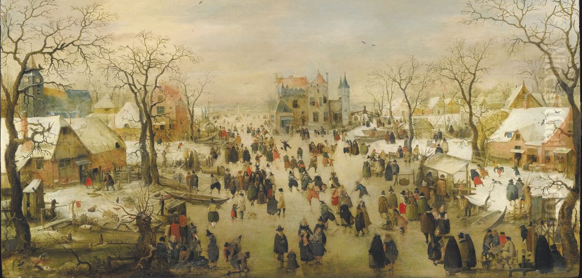 A Panoramic Winter Landscape With A Multitude Of Figures On A Frozen River Oil Painting by Hendrick Avercamp