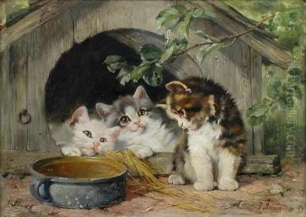 Three Kittens With A Bowl Of Milk Oil Painting by Julius Adam