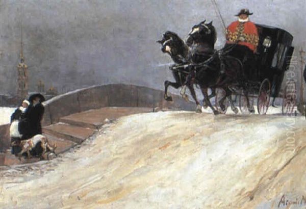 Over The Bridge Oil Painting by Mikhail Ivanovitch Avilov