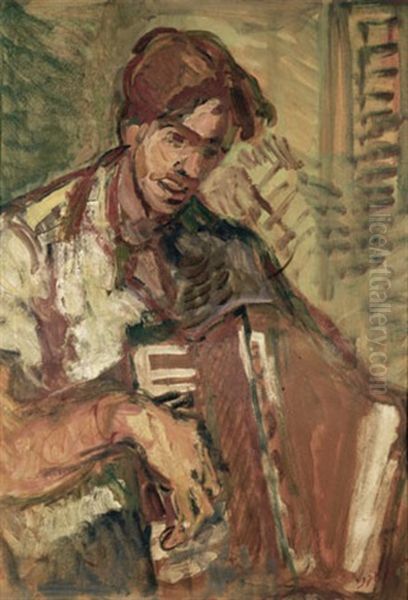 Accordion Player Oil Painting by Aharon Avni