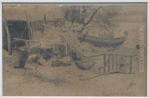 Zeichnung, Uferansicht Mit Boot Und Geratschaften Oil Painting by Julius Adam
