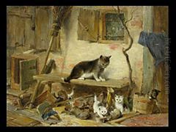 Katze Mit Vier Jungen Vor Bauernhaus Oil Painting by Julius Adam