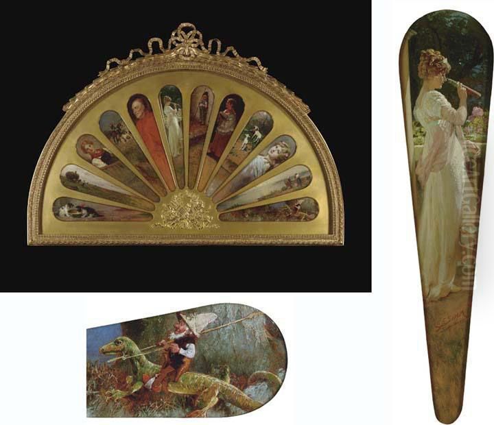 A Lady With A Looking Glass; A Little Soldier; An Altar Boy; A Sheep In A Pasture; A Young Beauty; Fisherfolk At The Shore; And Gnomes In A Fairytale Landscape Oil Painting by Julius Adam