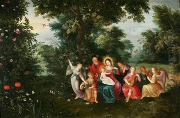 La Sainte Famille Entouree D'anges Musiciens Dans Un Paysage (collab. W/circle Of Jan Brueghel) Oil Painting by Peeter Van Avont
