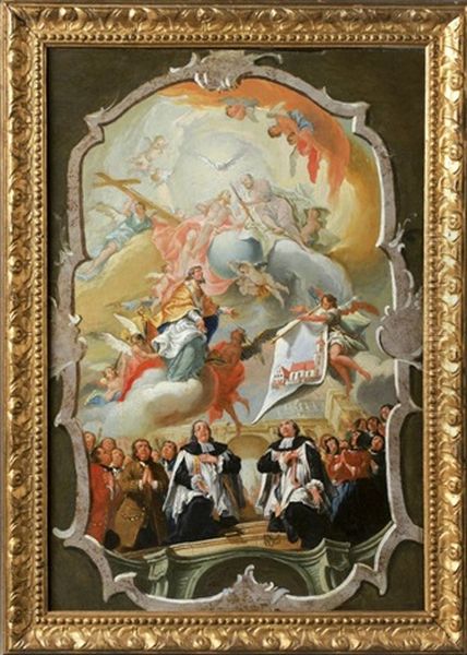 Bozetto Fur Deckenfresko Mit Darstellung Der Kirchengemeinde In Der
Unteren Halfte, Im Himmel Die Heilige Dreifaltigkeit Vor Dem Bauplan Der Kirche Oil Painting by Meinrad Von Aw