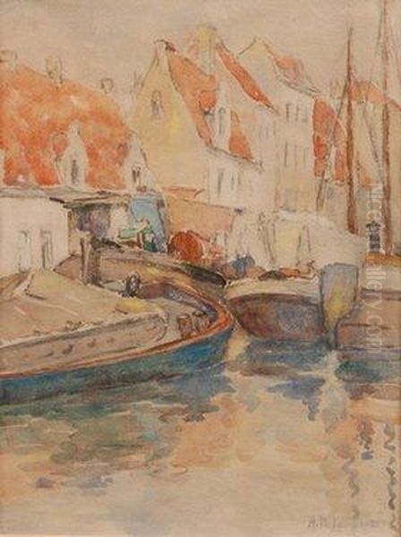 View Of A Harbour With Barges And Sailing Boats Before Buildings Oil Painting by Lambert-Sigisbert Adam
