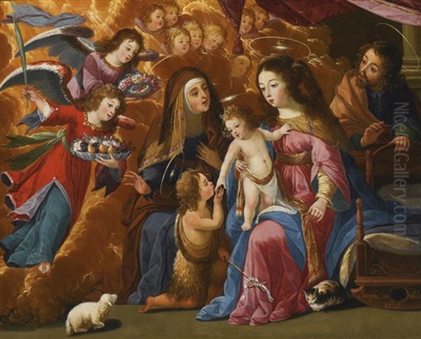 Holy Family With The Infant Saint John The Baptist, Saint Elizabeth And Angels Oil Painting by Josefa De Ayala