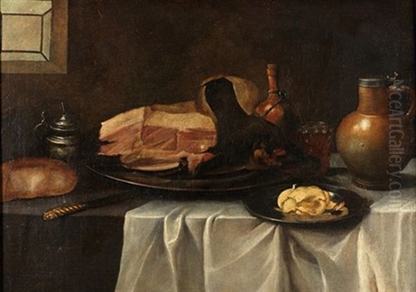 Bodegon De Carne, Pan, Pollo Y Cacharros Oil Painting by Josefa De Ayala