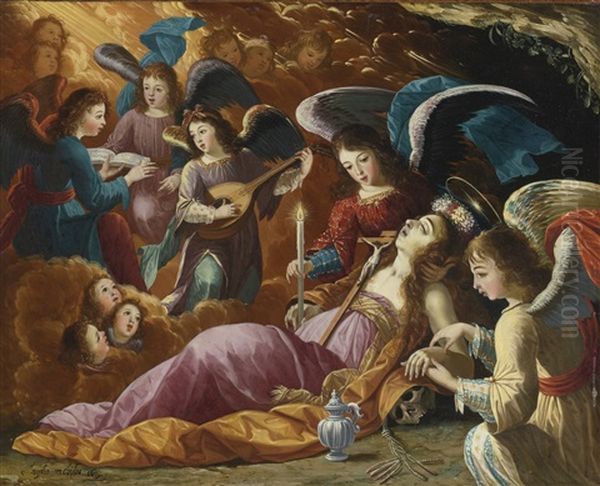 The Penitent Magdalene Comforted By Angels Oil Painting by Josefa De Ayala