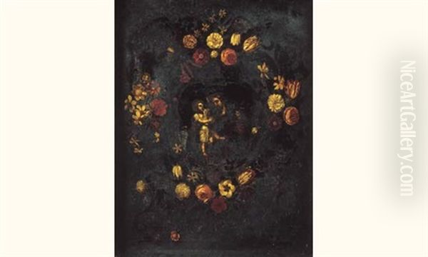 St. Joseph Et L'enfant Jesus Dans Une Guirlande De Fleurs Oil Painting by Josefa De Ayala