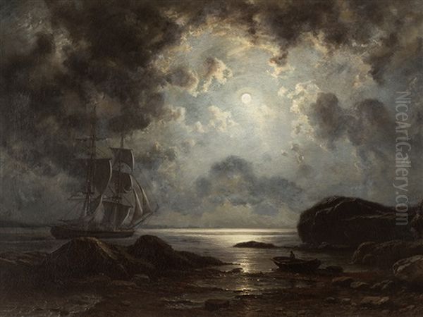 Moonlight Over The Coast Oil Painting by Knud (Andreassen) Baade