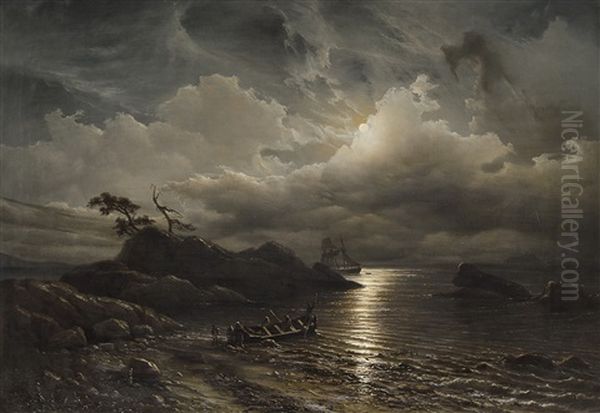 Norwegian Shore In Moonlight Oil Painting by Knud (Andreassen) Baade