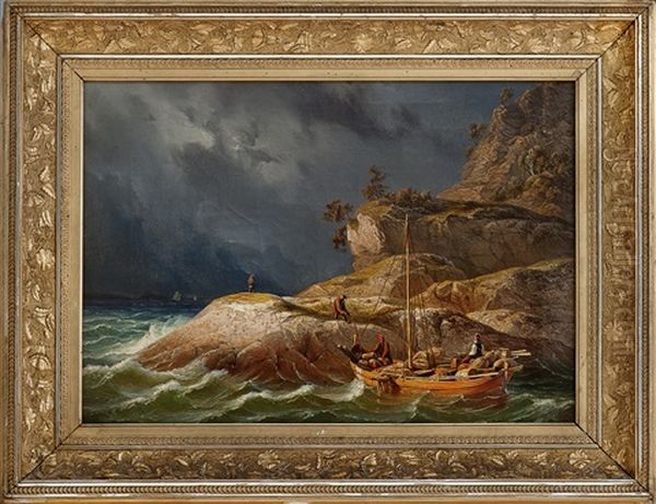 Fjordlandskap Med Folkeliv Oil Painting by Knud (Andreassen) Baade