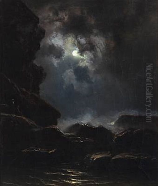 Rocky Coast At Moonlight Oil Painting by Knud (Andreassen) Baade