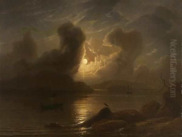 Vollmond Uber Flusslandschaft Mit Fischer- Und Segelboot Oil Painting by Knud (Andreassen) Baade
