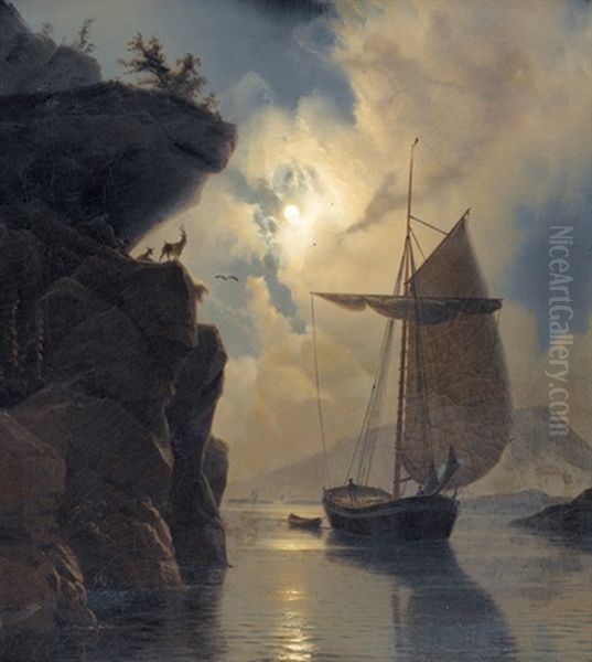 Boot Im Felsigen Fjord Bei Mondschein Oil Painting by Knud (Andreassen) Baade