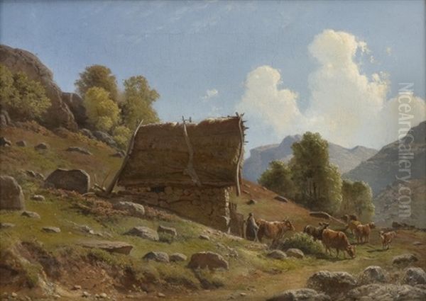 Milkmaid With Cattle By A Summer Farm Oil Painting by Knud (Andreassen) Baade