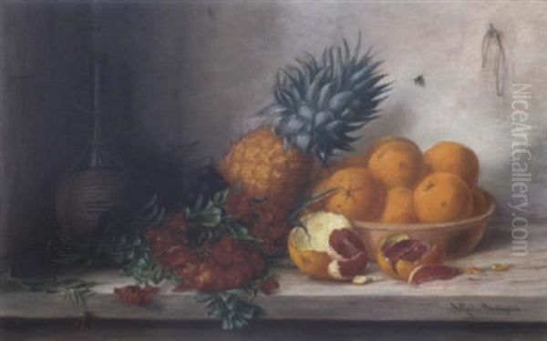 Stilleben Mit Goldlack, Ananas, Schale Mit Orangen Und Chiantiflasche Oil Painting by Alfrida Baadsgaard