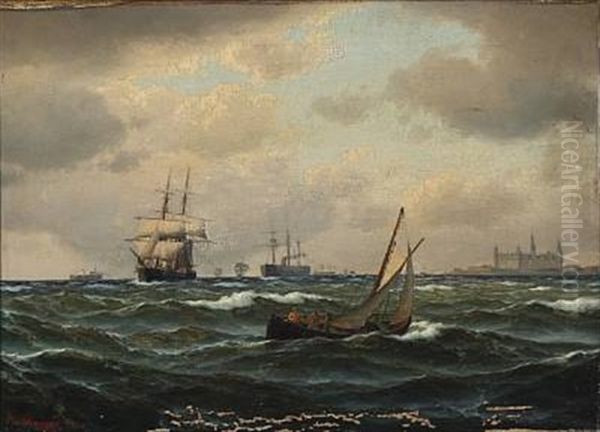 Seascape With Numerous Ships Off Kronborg Castle Oil Painting by Carl Emil Baagoe
