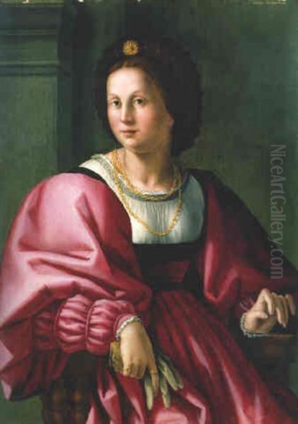 Portrait Of A Lady, Seated Three-quarter Length, Holding A Glove Oil Painting by Francesco Ubertini Bacchiacca II
