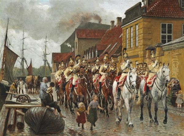 The Royal Horseguard On The Street Of Frederiksholms Kanal In Copenhagen Oil Painting by Otto Bache