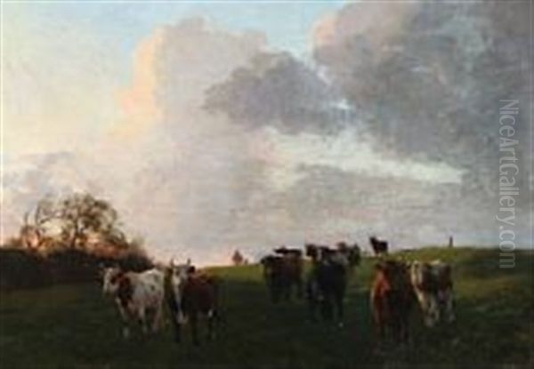 Koer Pa Marken. Optraekkende Uvejr Oil Painting by Otto Bache