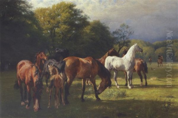 Heste I Flok I Udkanten Af Skoven Ved Frijsenborg. I Baggrunden To Ryttere Oil Painting by Otto Bache