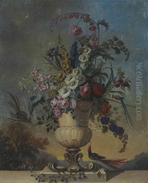 Roses, Irises, Morning Glory, Fox Glove And Other Flowers In A Sculpted Urn, On A Ledge, With Birds, In A Landscape Oil Painting by Jean-Jacques Bachelier