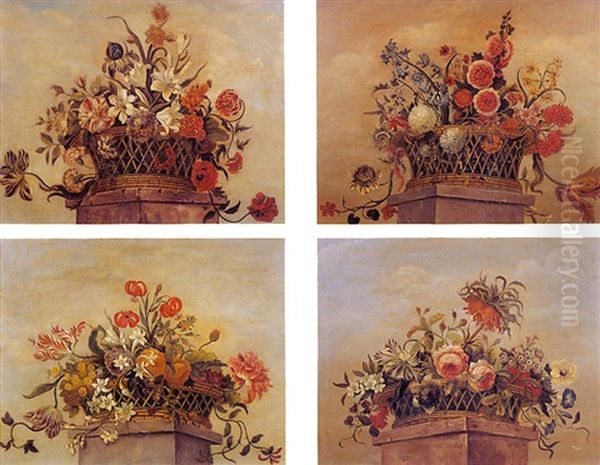 Nature Morte A La Corbeille De Fleurs Sur Un Entablement Oil Painting by Jean-Jacques Bachelier