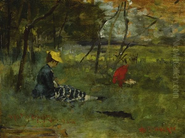 The Red Parasol Oil Painting by Otto (Henry) Bacher