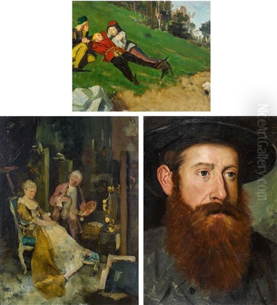 Drei Knaben In Landschaft (pagen) Oil Painting by Hans Bachmann