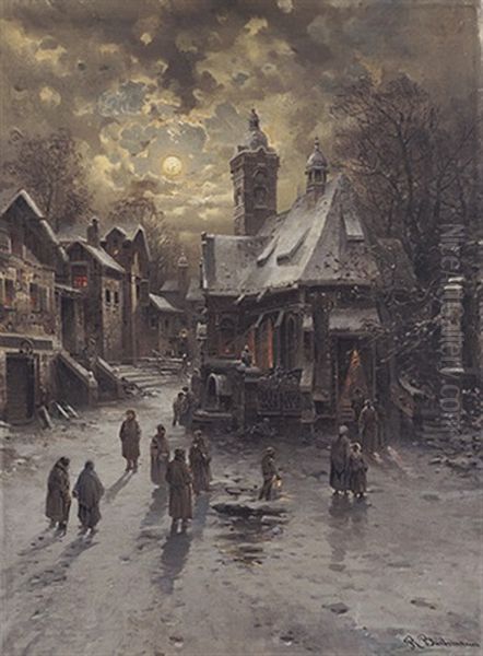 Verschneites Mittelalterliches Stadtchen. Kirchganger Auf Dem Weg Zur Christmette Oil Painting by Rudolf Bachmann