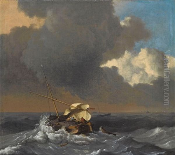 A Fishing Boat In A Rough Sea Oil Painting by Ludolf Backhuysen the Elder