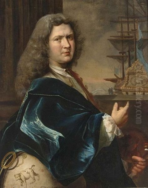 A Selfportrait Of The Artist, Half Length In Front Of An Open Window, A View On A Merchant Ship Beyond Oil Painting by Ludolf Backhuysen the Elder