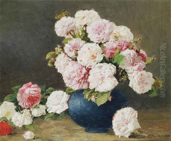 Peonies In A Blue Vase Oil Painting by Francois Backvis