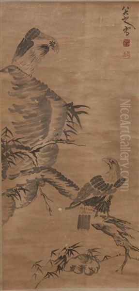Eagles Perched On Branch And Rock Formation Oil Painting by Bada Shanren