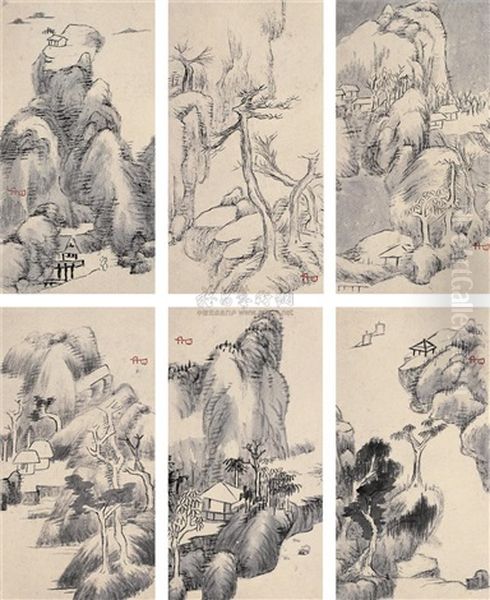 Landscape (+ Calligraphy; 12 Works) Oil Painting by Bada Shanren