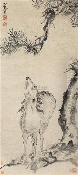 Deer And Pine Oil Painting by Bada Shanren