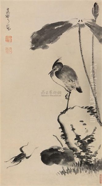Lotus Leaves And Birds, Frogs And Rock Oil Painting by Bada Shanren