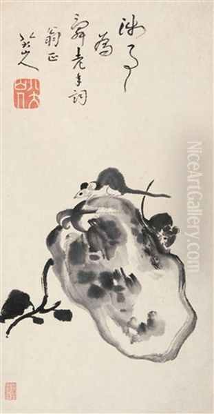 Mice And Melon Oil Painting by Bada Shanren