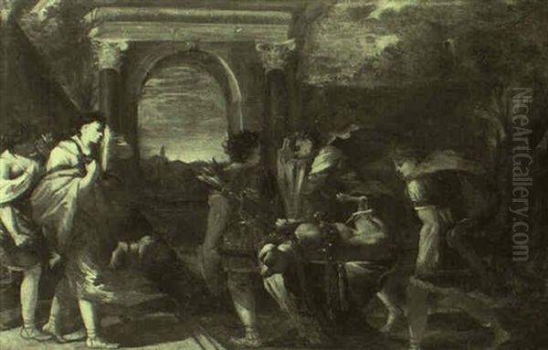 Huntsmen Carrying A Dead Hound Towards A Grieving Woman Oil Painting by Sisto Badalocchio