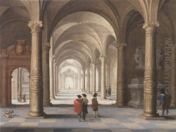 A Church Interior With Elegant Gentleman Conversing And Dogs Playing Oil Painting by Hans Jurriaensz van Baden