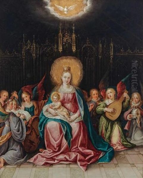 The Virgin And Child Enthroned In A Gothic Interior, With Musical Angels Oil Painting by Cornelis de Baellieur
